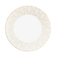 A white Christofle Malmaison Imperiale Porcelain Dinnerware Gold dinner plate featuring a gold fan-like rim, from the brand's elegant Malmaison collection.