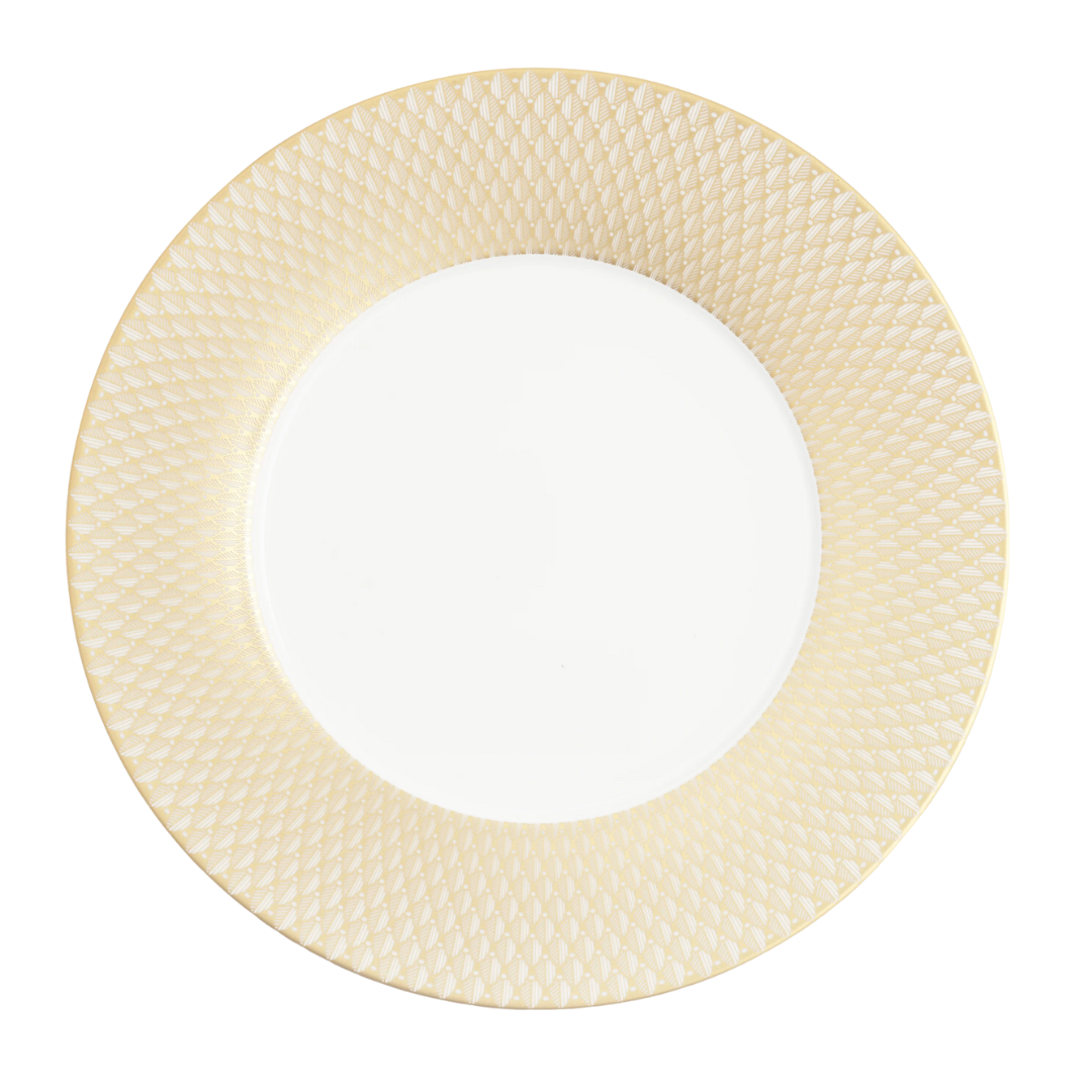The Christofle Malmaison Imperiale Porcelain Dinnerware Gold dinner plate is round and white, featuring a wide, gold-patterned rim with repeating diamond design and a smooth center.