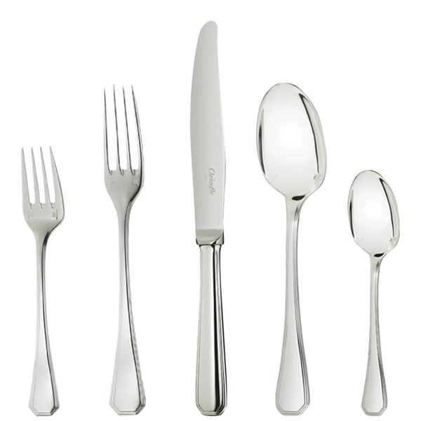 The Christofle America Flatware 5 Piece Setting in silver plate features a salad fork, dinner fork, knife, soup spoon, and teaspoon—all with a polished finish and elegant design. This set is striking, simple, and dishwasher safe.