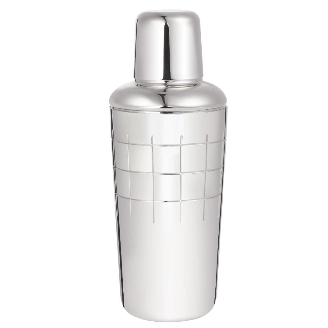 The Christofle GRAPHIK Silver Plated Cocktail Shaker features an elegant checkered pattern and stands upright against a white background—a sophisticated bar accessory for any mixologist.