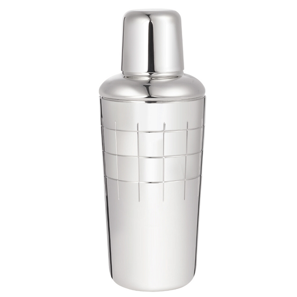 The Christofle GRAPHIK Silver Plated Cocktail Shaker features an elegant checkered pattern and stands upright against a white background—a sophisticated bar accessory for any mixologist.
