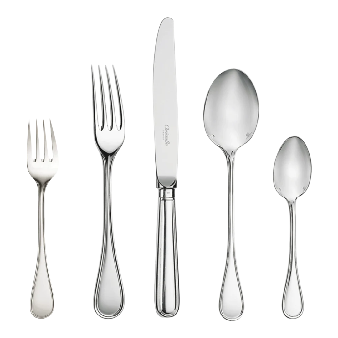 The Christofle Albi Flatware 5 Piece Setting—silver plated—included are two forks, a knife, a large spoon, and a small spoon, elegantly lined up on a white background.