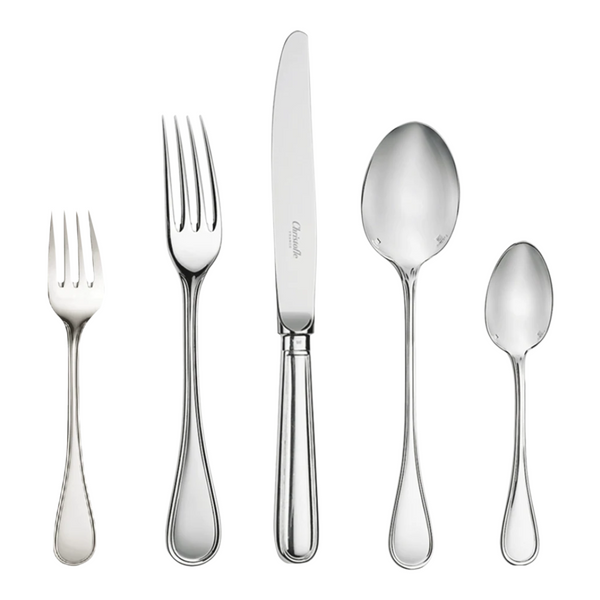 The Christofle Albi Flatware 5 Piece Setting—silver plated—included are two forks, a knife, a large spoon, and a small spoon, elegantly lined up on a white background.