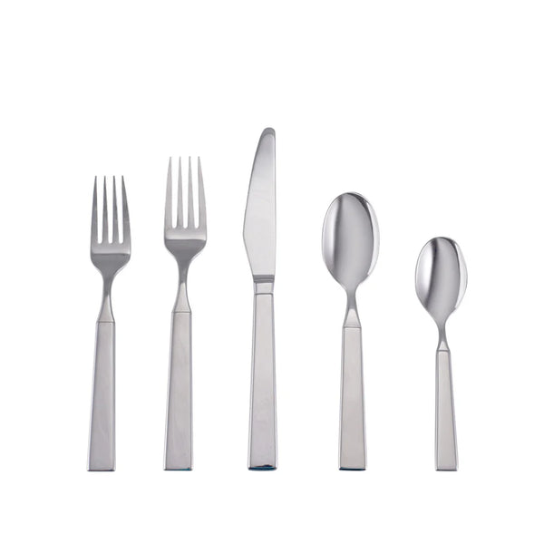 The Simon Pearce Woodstock 5 Piece Setting includes two forks, one knife, one tablespoon, and one teaspoon with square handles, shown upright on a white background in this elegant stainless steel flatware set.
