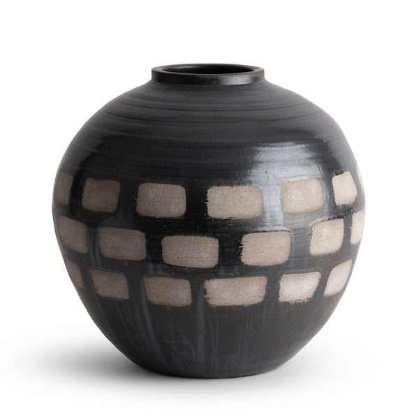 The Jude Vase by FlowDecor Inc. is a round, black brown handmade ceramic piece with a narrow opening and beige rectangular accents—ideal for bringing an organic modern touch to any space.