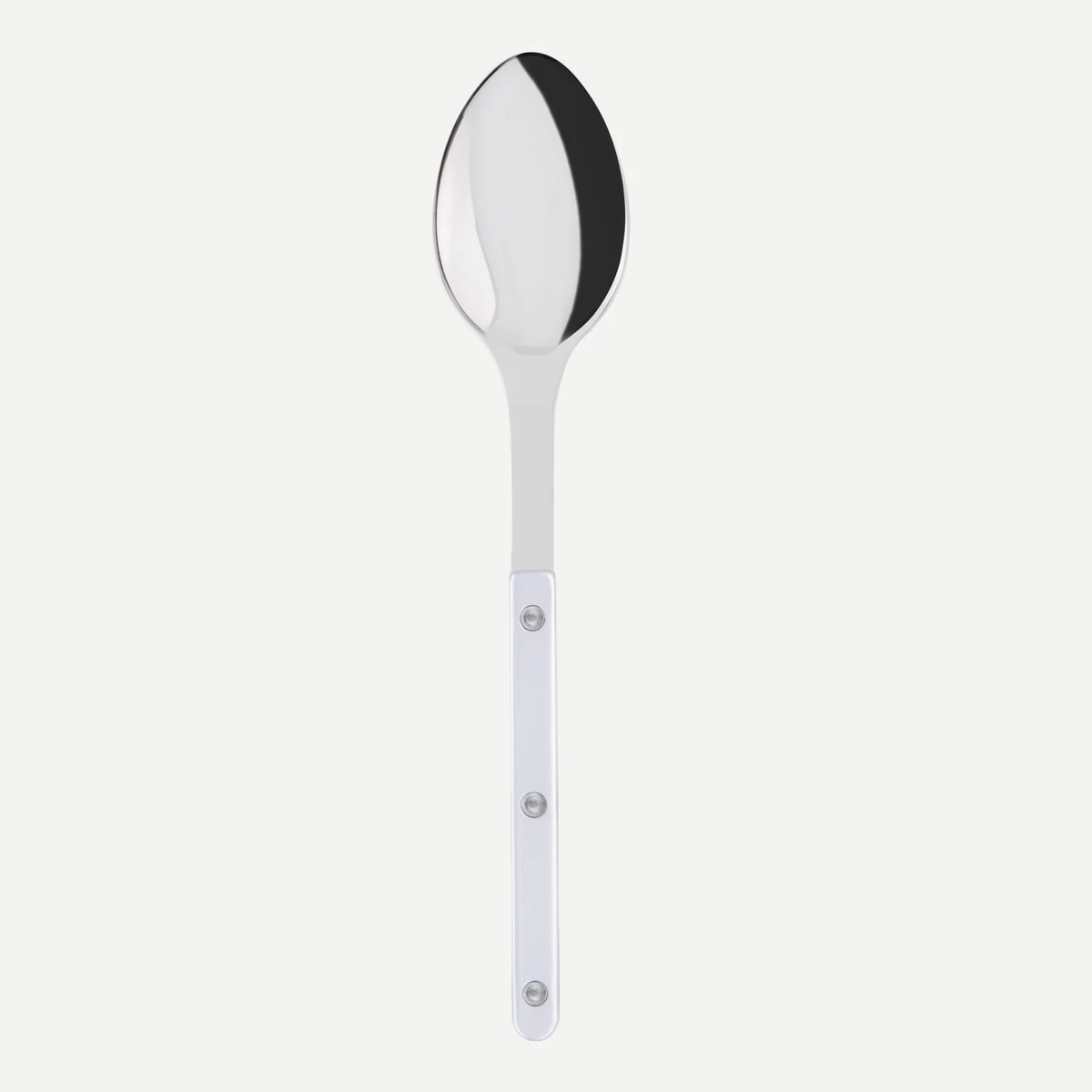 The Sabre Bistrot Shiny - Pearly Serving Spoon features a polished, oval bowl and a straight handle with three visible rivets, shown on a plain white background.