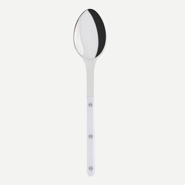 The Sabre Bistrot Shiny - Pearly Serving Spoon features a polished, oval bowl and a straight handle with three visible rivets, shown on a plain white background.