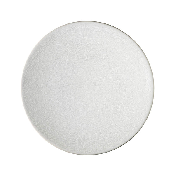 The Tourron Dinnerware Neige plate by Jars - Rosenthal is a round, plain white ceramic piece with a subtly textured surface, handmade in France and photographed from above against a white background.