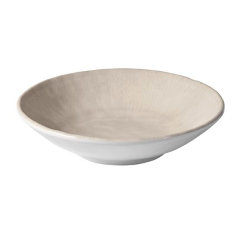 The Merritt Reactive Glaze Melamine Dinnerware in beige is a shallow, round bowl with a beige interior and white exterior, showcasing a refined stoneware look. Displayed on a plain white background.