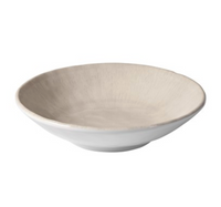 The Merritt Reactive Glaze Melamine Dinnerware in beige is a shallow, round bowl with a beige interior and white exterior, showcasing a refined stoneware look. Displayed on a plain white background.