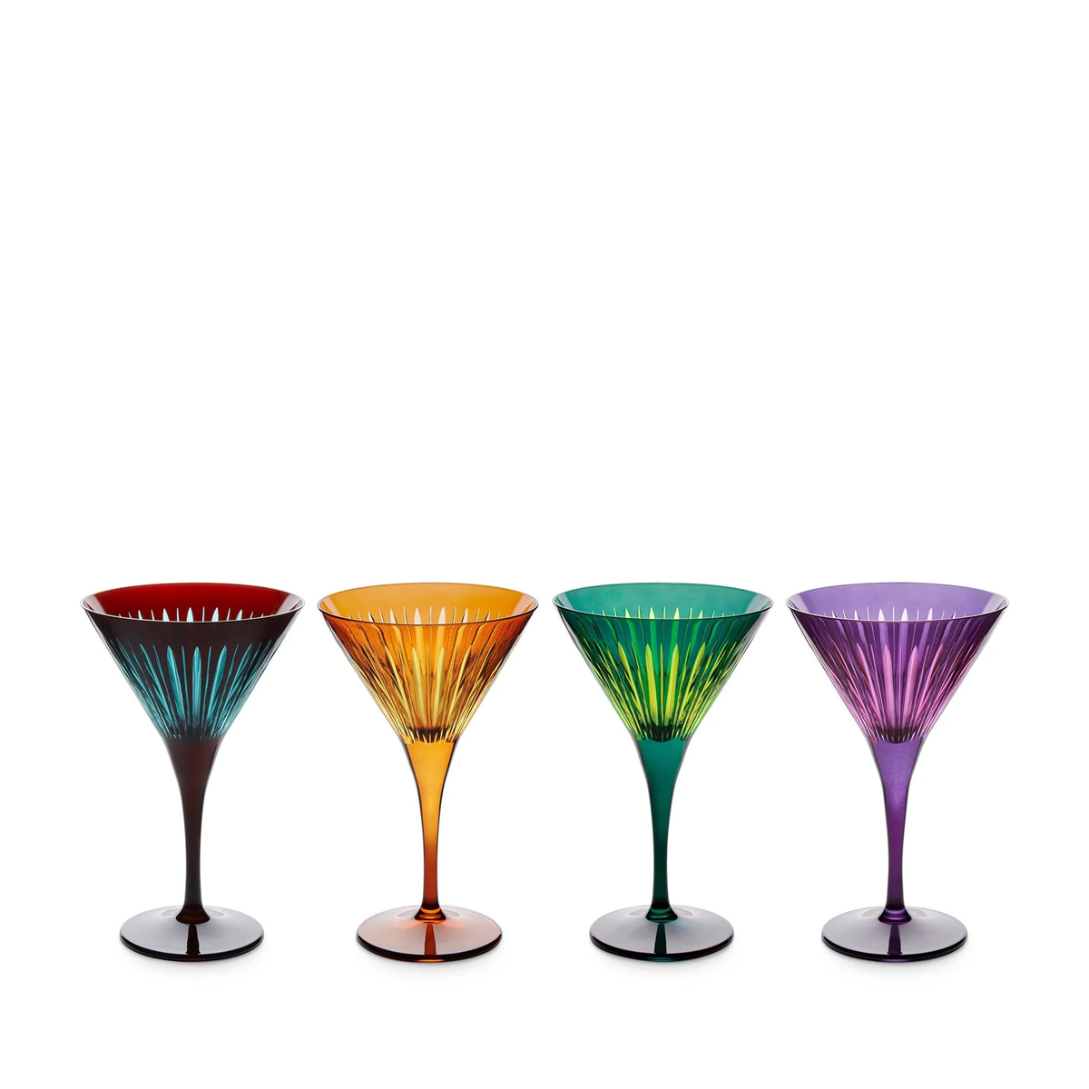 The Prism Martini Set of 4 by L’Objet features martini glasses in vibrant red, orange, green, and purple, each with fluted stems and radiating lines on hand-cut glass bowls—an eye-catching addition to any collection.