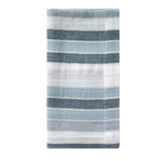 The Bodrum Aegean Stripe Napkin Set of 4 in blue features folded rectangular napkins with horizontal stripes in blue, gray, and white—perfect for a durable table linens collection.