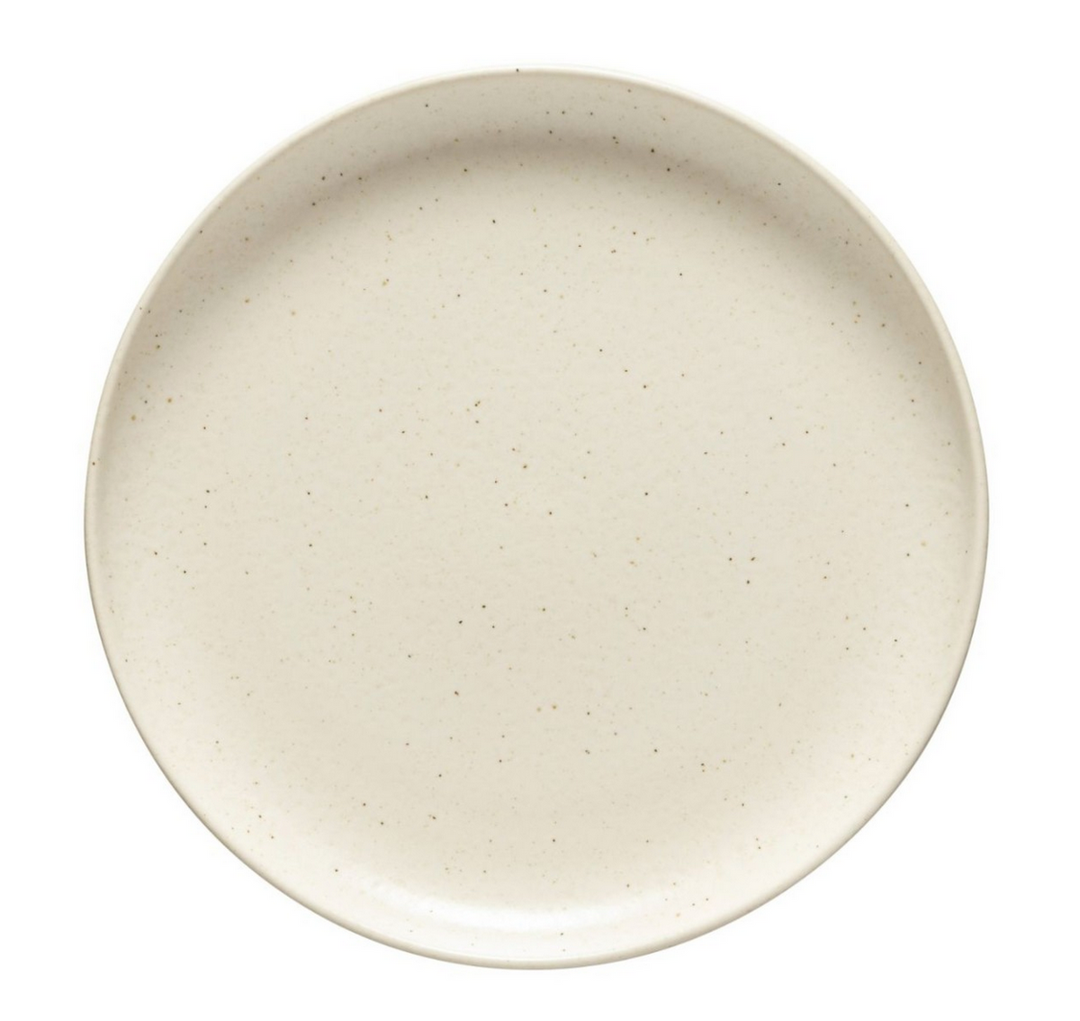 The Costa Nova Pacifica Vanilla Dinnerware is a round, off-white ceramic plate with subtle speckled patterns, shown from above on a white background.