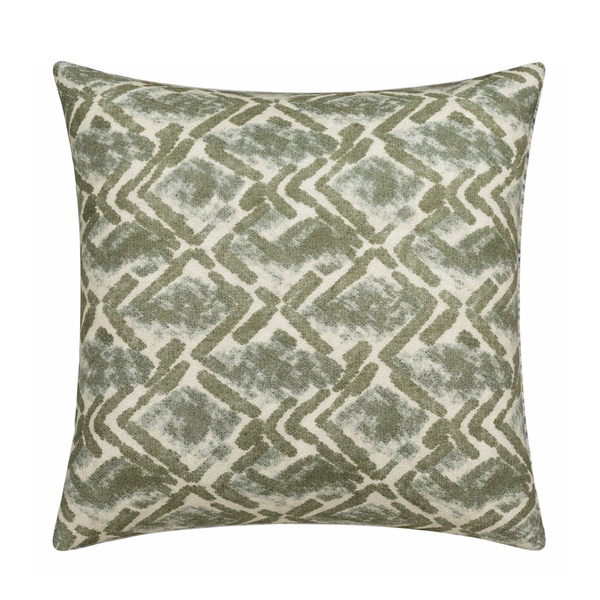 The Landmark Pillow Spruce by Decor Fifty-Five features a green and cream geometric pattern with intersecting lines and diamond shapes, crafted from textured fabric for a modern plush accent.