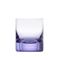 The Moser Whiskey Set DOF Glass 370 ml features a clear tumbler with a thick, transparent purple base, crafted from lead-free crystal and displayed on a plain white background.