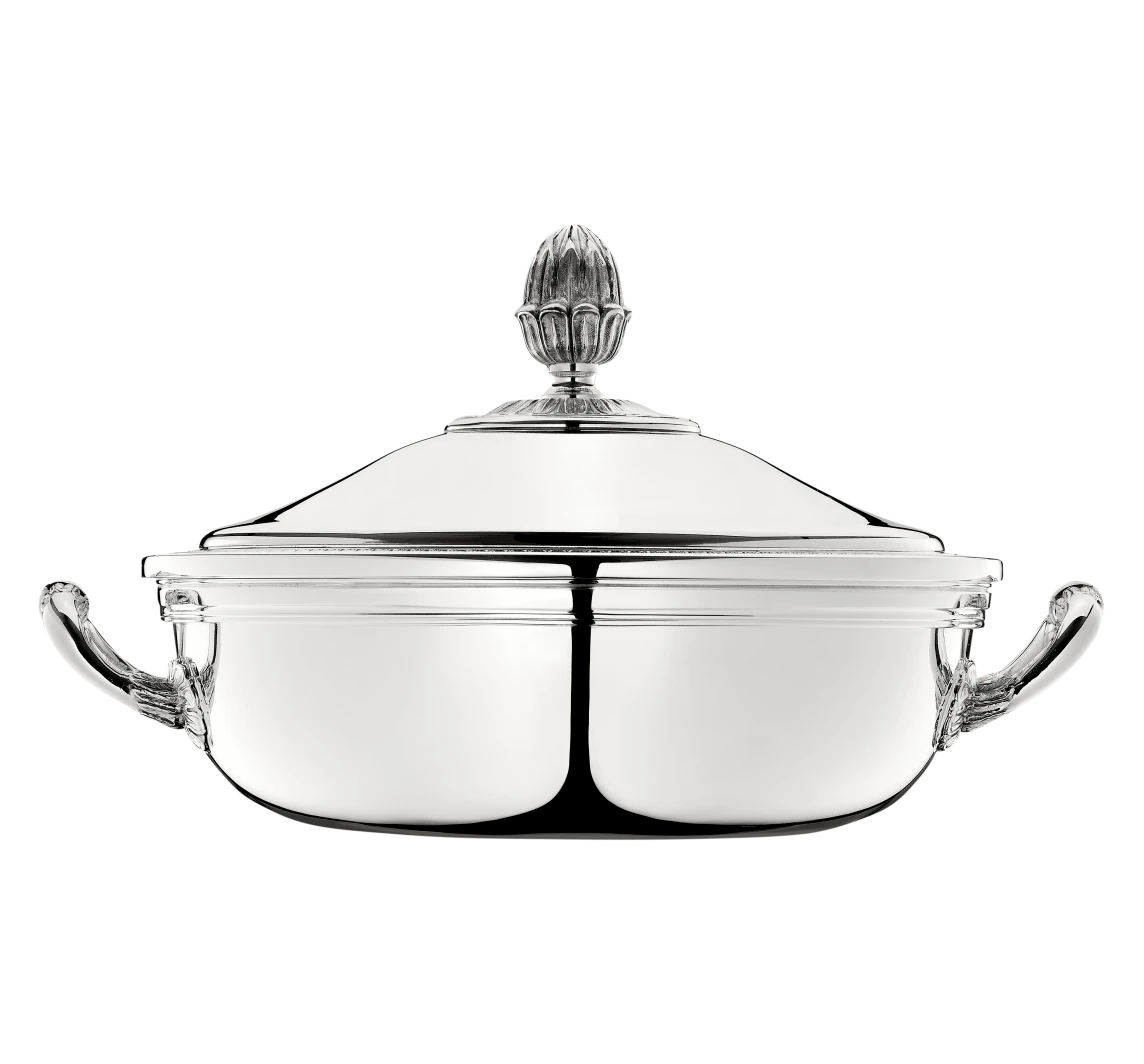 The Christofle Malmaison Silver Plated Vegetable Dish with Lid features two ornate handles and an acorn-shaped knob, presented on a plain white background.