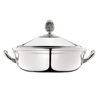 The Christofle Malmaison Silver Plated Vegetable Dish with Lid features two ornate handles and an acorn-shaped knob, presented on a plain white background.