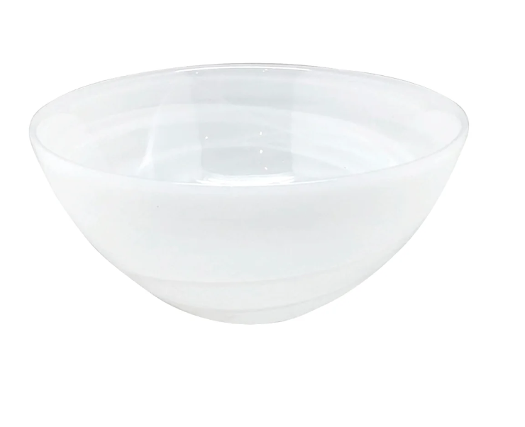 The Mariposa Swirl Alabaster Dinnerware White Set of 4 features smooth, round glass bowls—dishwasher safe and ideal for modern homes, from the elegant White Alabaster Collection.