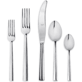 Mepra Levantina Flatware 5 Piece Setting, made in Italy from 18/10 stainless steel, includes a salad fork, dinner fork, dinner knife, soup spoon, and teaspoon arranged side by side on a plain light background.