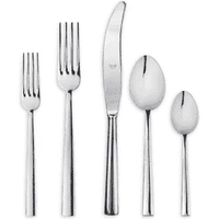 Mepra Levantina Flatware 5 Piece Setting, made in Italy from 18/10 stainless steel, includes a salad fork, dinner fork, dinner knife, soup spoon, and teaspoon arranged side by side on a plain light background.