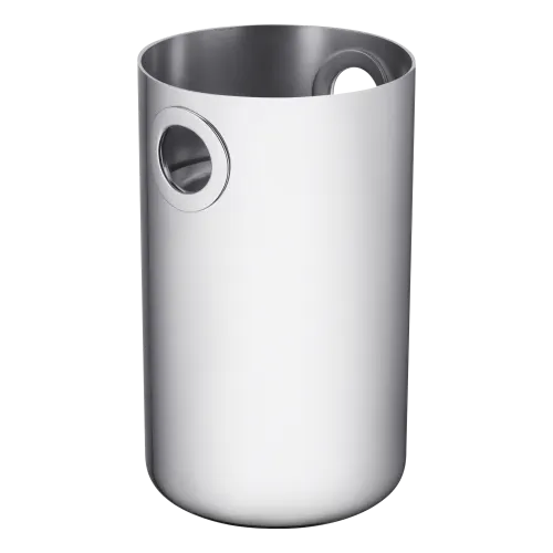 The Christofle Oh De Stainless Steel Wine Cooler features a sleek cylindrical design with two round cutout handles near the rim, making it perfect for elevating your home bar. Set against a plain light background.