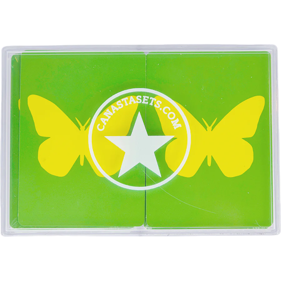 Two green Canasta Card Sets from Canasta Sets feature yellow butterfly designs and a white star, all in a clear case. “CanastaSets.com” surrounds the star, marking these as high-quality cards perfect for any card game.