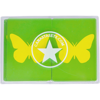 Two green Canasta Card Sets from Canasta Sets feature yellow butterfly designs and a white star, all in a clear case. “CanastaSets.com” surrounds the star, marking these as high-quality cards perfect for any card game.