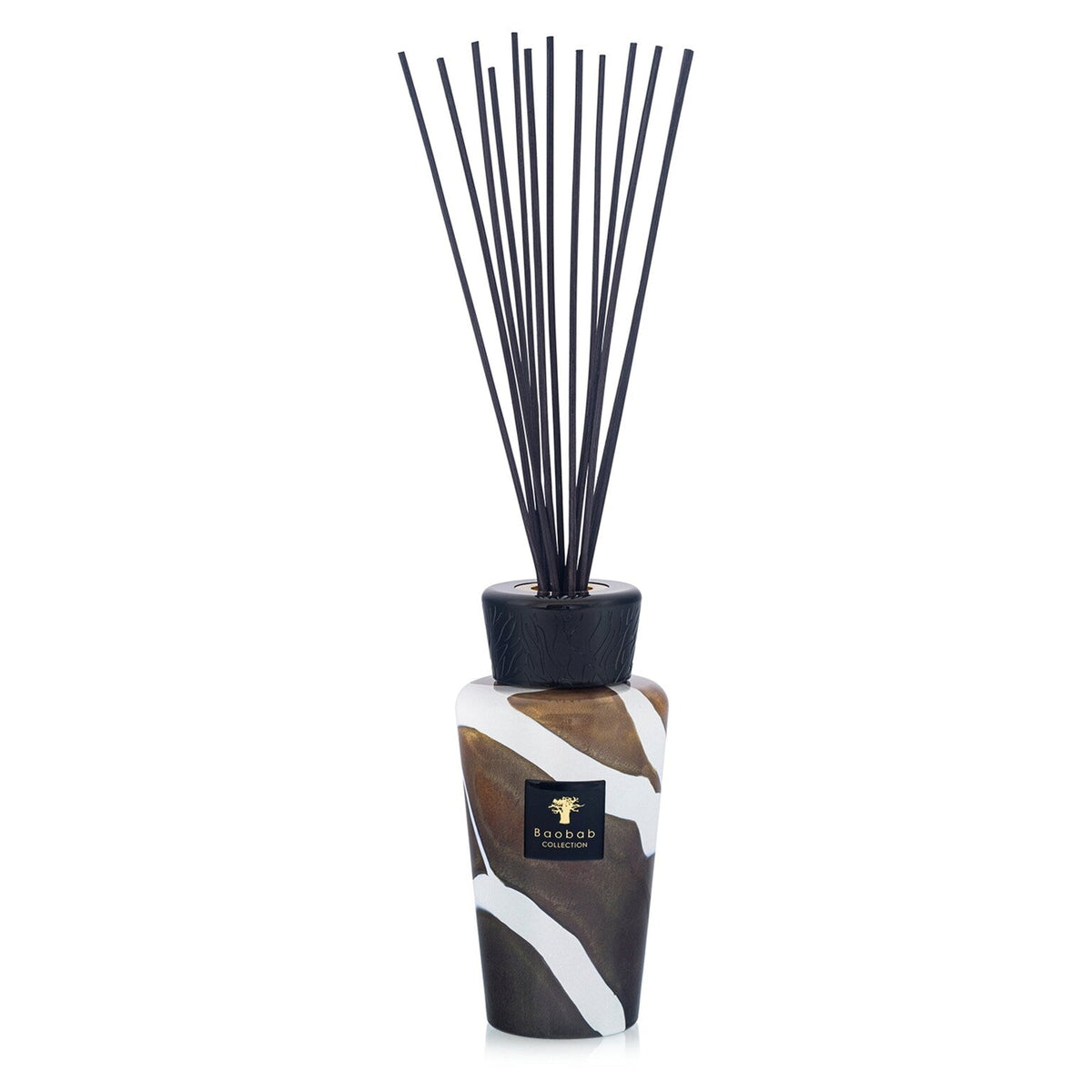 The Baobab Stones Diffuser - Agate is a decorative home fragrance diffuser, featuring a patterned brown and white Agate glass bottle, a sleek black cap, and several long black reeds standing upright.