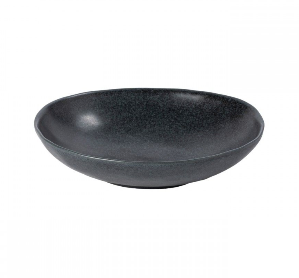 The Casafina/Costa Nova Livia Dinnerware Matte Black bowl is a shallow, round ceramic piece with a smooth matte finish, shown at a slight angle against a plain white background.