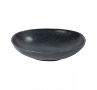 The Casafina/Costa Nova Livia Dinnerware Matte Black bowl is a shallow, round ceramic piece with a smooth matte finish, shown at a slight angle against a plain white background.