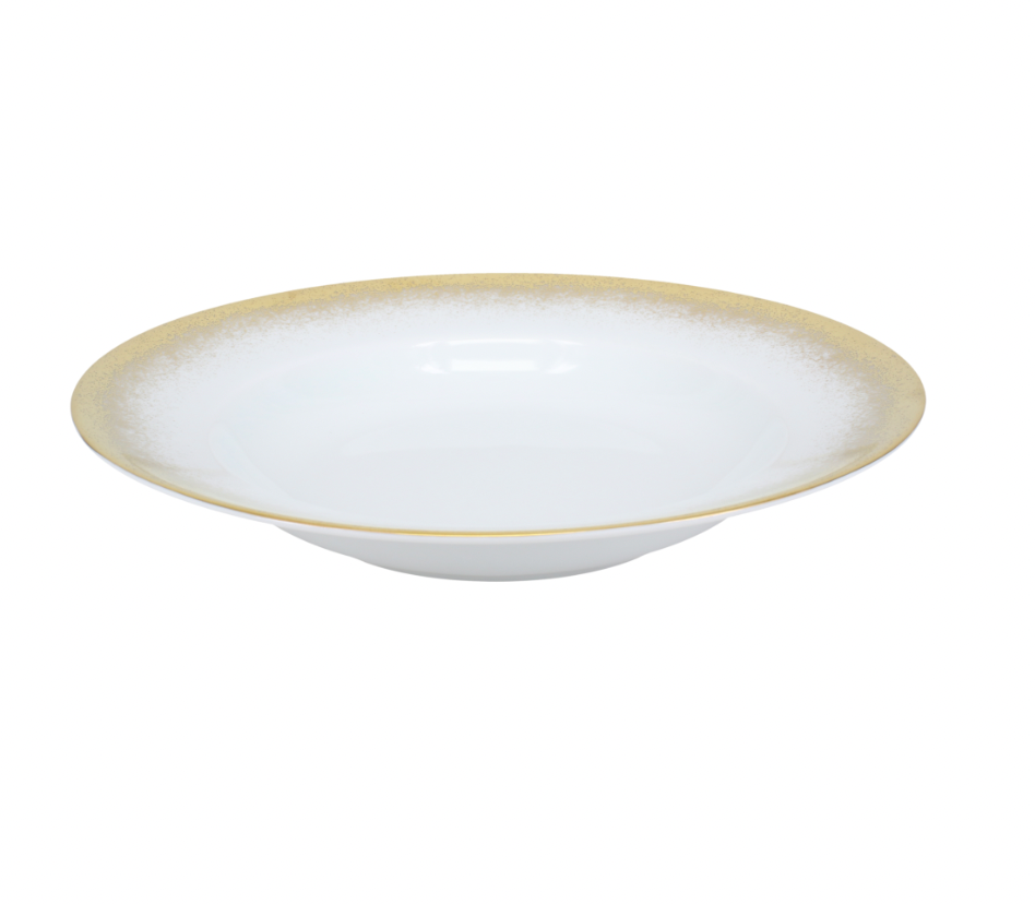 The Royal Limoges Yellow Fire Dinnerware features a wide, shallow white Limoges porcelain plate with a subtle yellow gold rim, displayed on a plain white background.