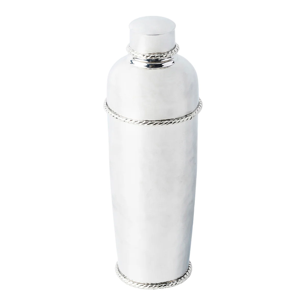 The Juliska Graham Cocktail Shaker features hammered stainless steel with polished finish and decorative rope detailing on the lid, neck, and base—an elegant addition to any mixologist's collection. Shown here against a white background.