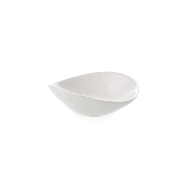 The Simon Pearce Barre Dip Bowl - Alabaster is a white, modern ceramic bowl with an asymmetrical, organic design and a smooth finish, shown against a plain white background.