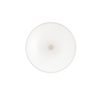 A white, round ceramic plate from the Christofle Malmaison Imperiale Porcelain Dinnerware Platinum collection, showcasing a radial line motif and a central floral design, viewed from above against a plain white background. This sophisticated piece exemplifies the exquisite craftsmanship characteristic of Christofle’s platinum dinnerware.