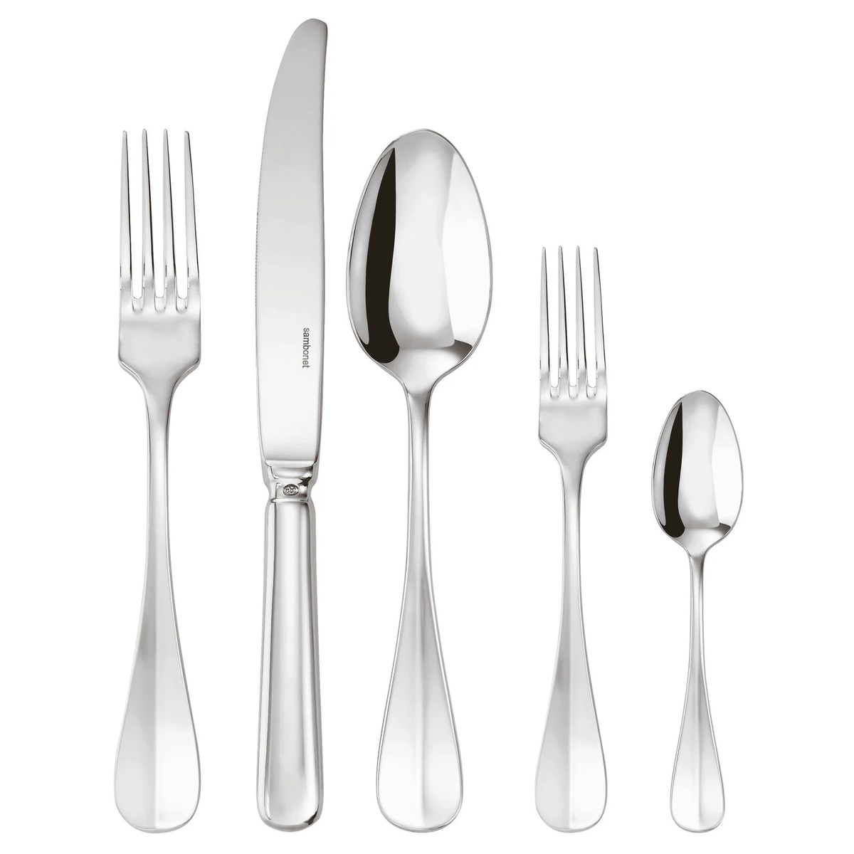 The Sambonet Baguette Stainless Steel 5PPS features a dinner fork, dinner knife, soup spoon, salad fork, and teaspoon—all arranged side by side in shiny stainless steel with a reflective finish.