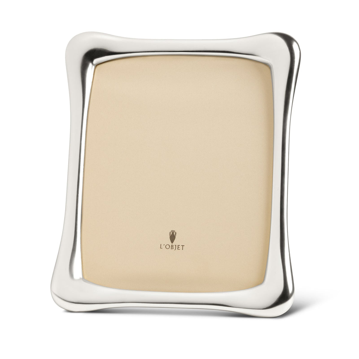 The Anton Frame Platinum by L'Objet is a modern luxury photo frame with curved edges, a reflective platinum finish, and the L'Objet logo—making it a striking addition to any space.