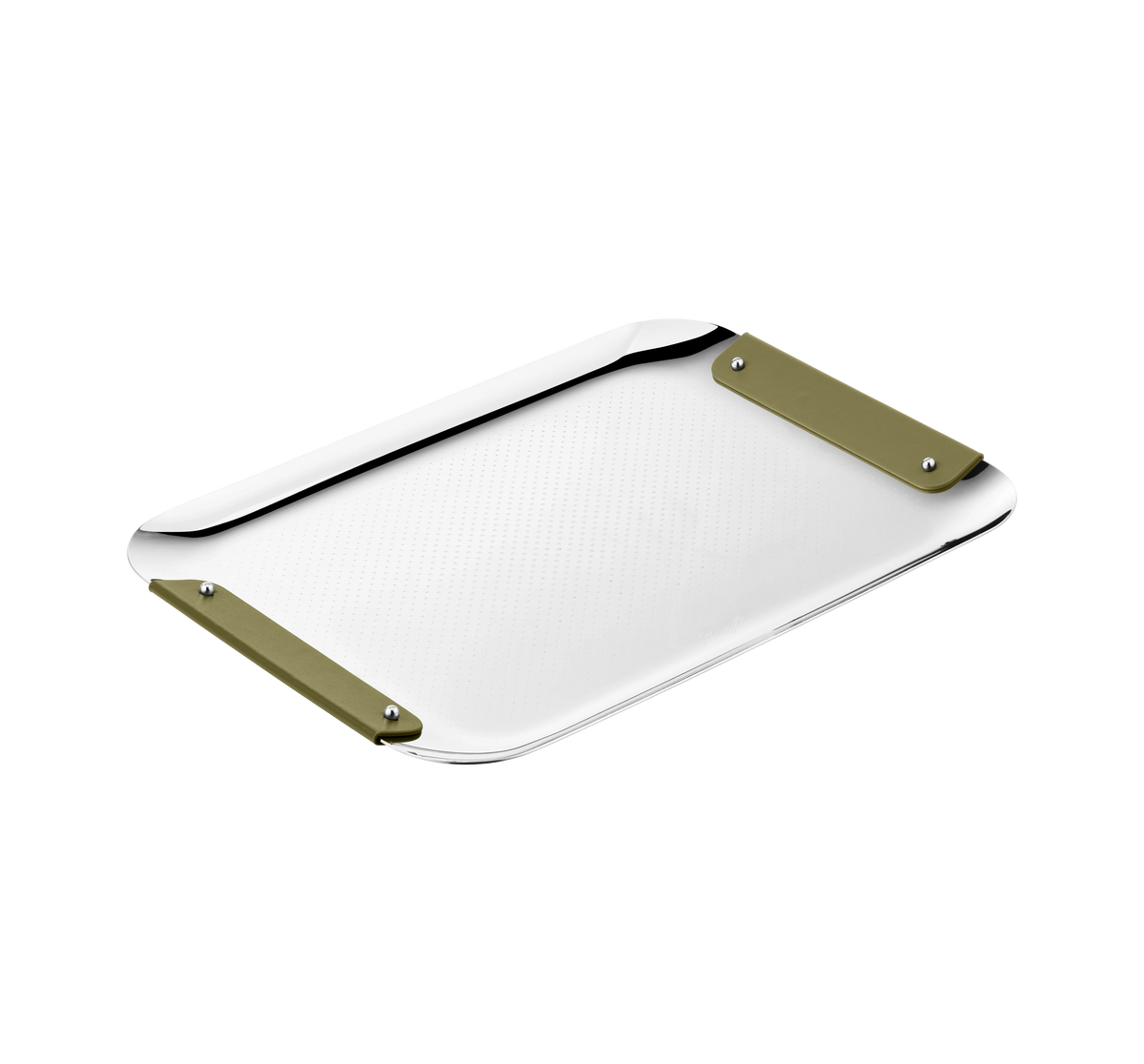 The Christofle Club Rectangle Tray - Stainless Steel Imperial (13" x 9") features rounded corners, a textured surface, and olive green handles at two ends. Displayed on a plain white background, it evokes classic elegance.