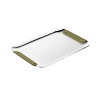 The Christofle Club Rectangle Tray - Stainless Steel Imperial (13" x 9") features rounded corners, a textured surface, and olive green handles at two ends. Displayed on a plain white background, it evokes classic elegance.