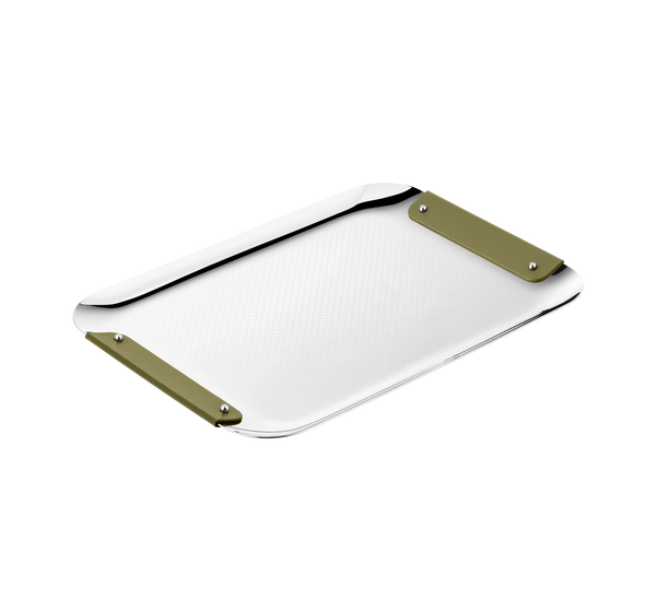 The Christofle Club Rectangle Tray - Stainless Steel Imperial (13" x 9") features rounded corners, a textured surface, and olive green handles at two ends. Displayed on a plain white background, it evokes classic elegance.