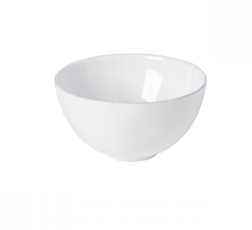 The Livia Dinnerware White bowl by Casafina/Costa Nova features smooth, glossy white ceramic and is part of a modern tableware collection, shown here against a white background.