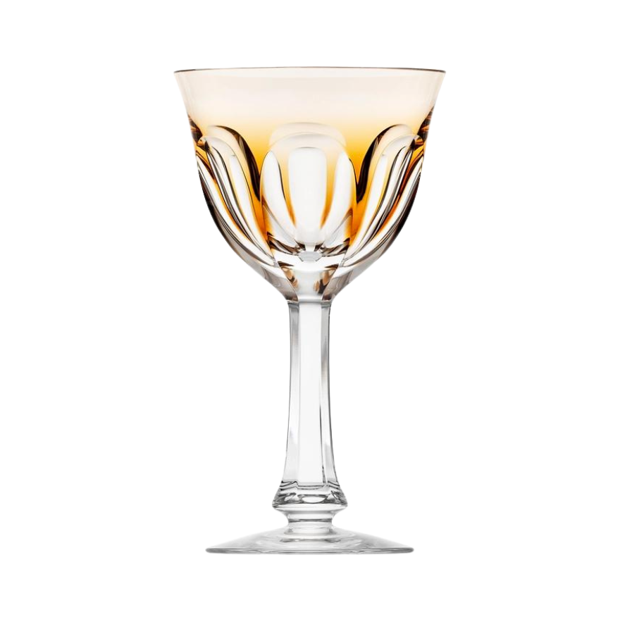 The Moser Lady Hamilton White Wine Glass features a clear crystal faceted bowl with an amber rim, smooth stem, and round base, shown against a white background.