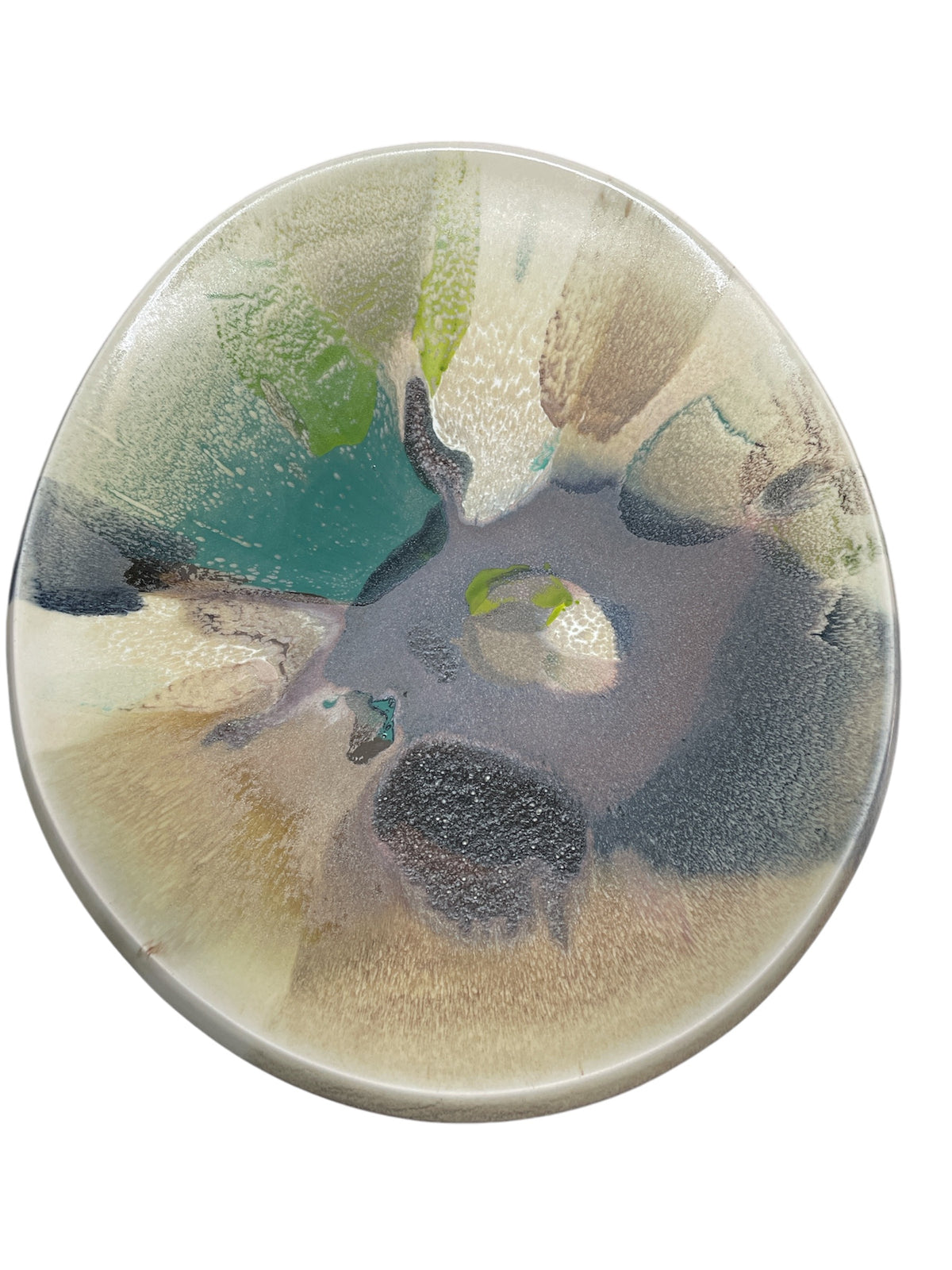 The KleinReid Rio Abrico Platter X Large is a round ceramic plate from the Rio Collection, hand-painted with an abstract, watercolor glaze in green, blue, beige, brown, and gray on white—each piece features a unique organic pattern.