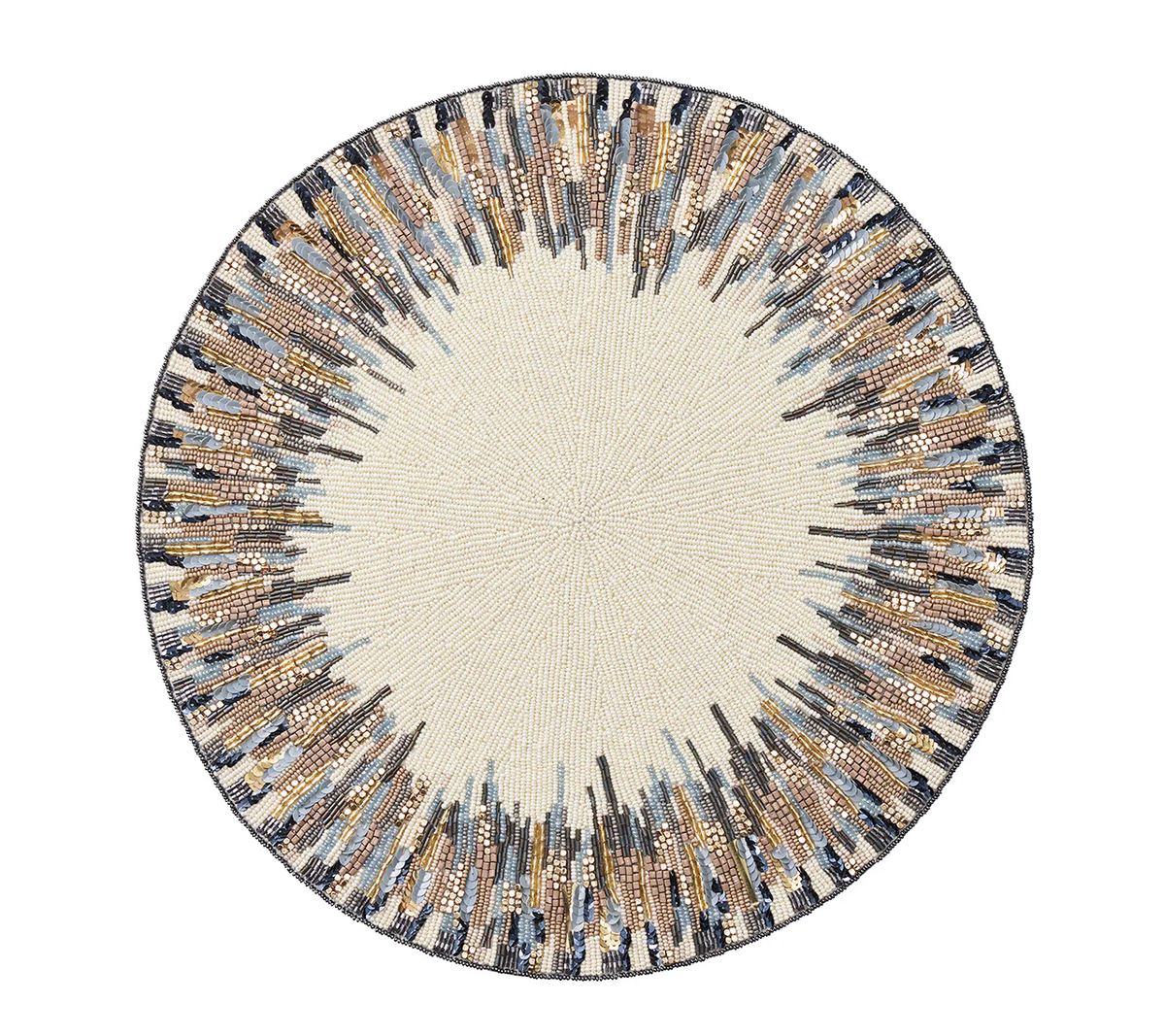 The Diadem Placemat Set of 2 by Kim Seybert features a cream center with a gold, brown, black, and blue sunburst beaded design—an elegant accent to elevate any dining setting.