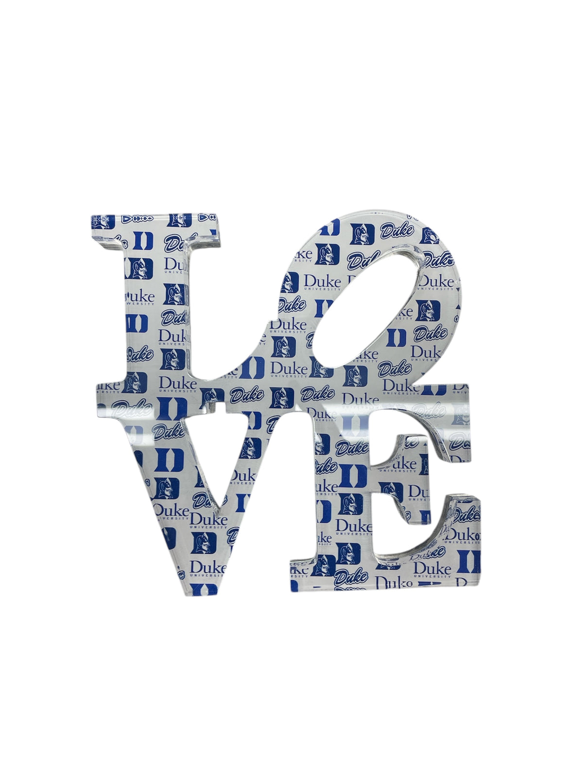 The Eye Candy College Love Sculpture features block letters spelling LOVE, covered in blue and white Duke logos and "Duke" text—a perfect custom school sculpture or unique graduation gift.