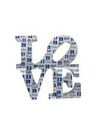 The Eye Candy College Love Sculpture features block letters spelling LOVE, covered in blue and white Duke logos and "Duke" text—a perfect custom school sculpture or unique graduation gift.