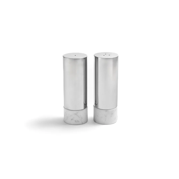 The Anna New York Coluna Dual Salt & Pepper Shakers Set of 2 features elegant marble bases and silver tops—modern dining accessories that add a sophisticated touch to any table.