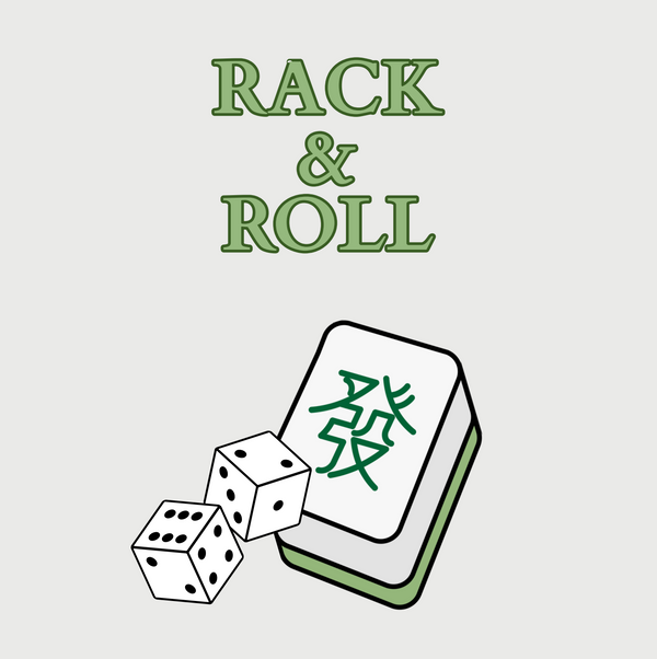 The Print Appeal Cocktail Napkin Pack - RACK & ROLL features “Rack & Roll” text above dice and stacked mahjong tiles with a green Chinese character—ideal for game night or as entertaining napkins.