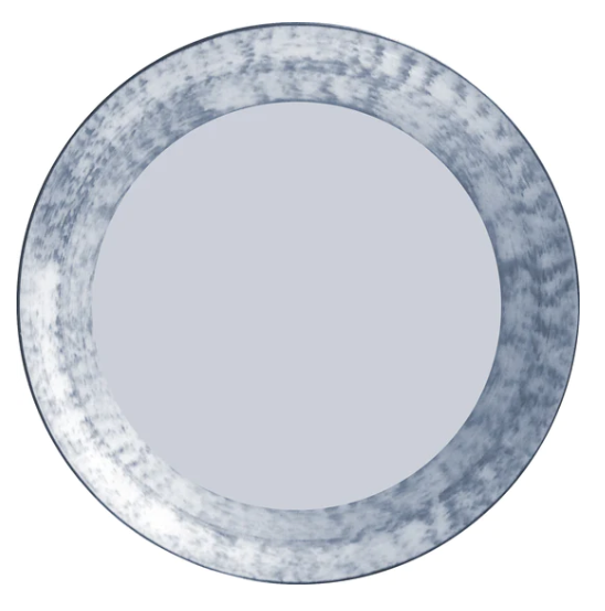 A round wall mirror with a wide, textured silver frame featuring a mottled, cloudy pattern—an elegant accent reminiscent of Marie Daage Agate Dinnerware by Marie Daâge. The clear mirror surface is centered within the decorative frame.
