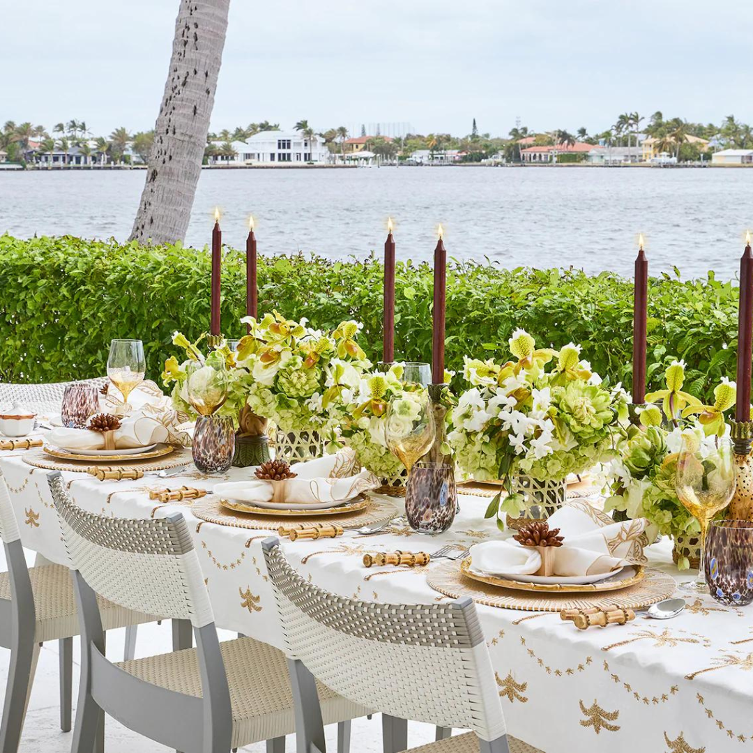 Dream Weaver Placemat Set of 4 - Natural/White featured outside on a festive table by the water. 