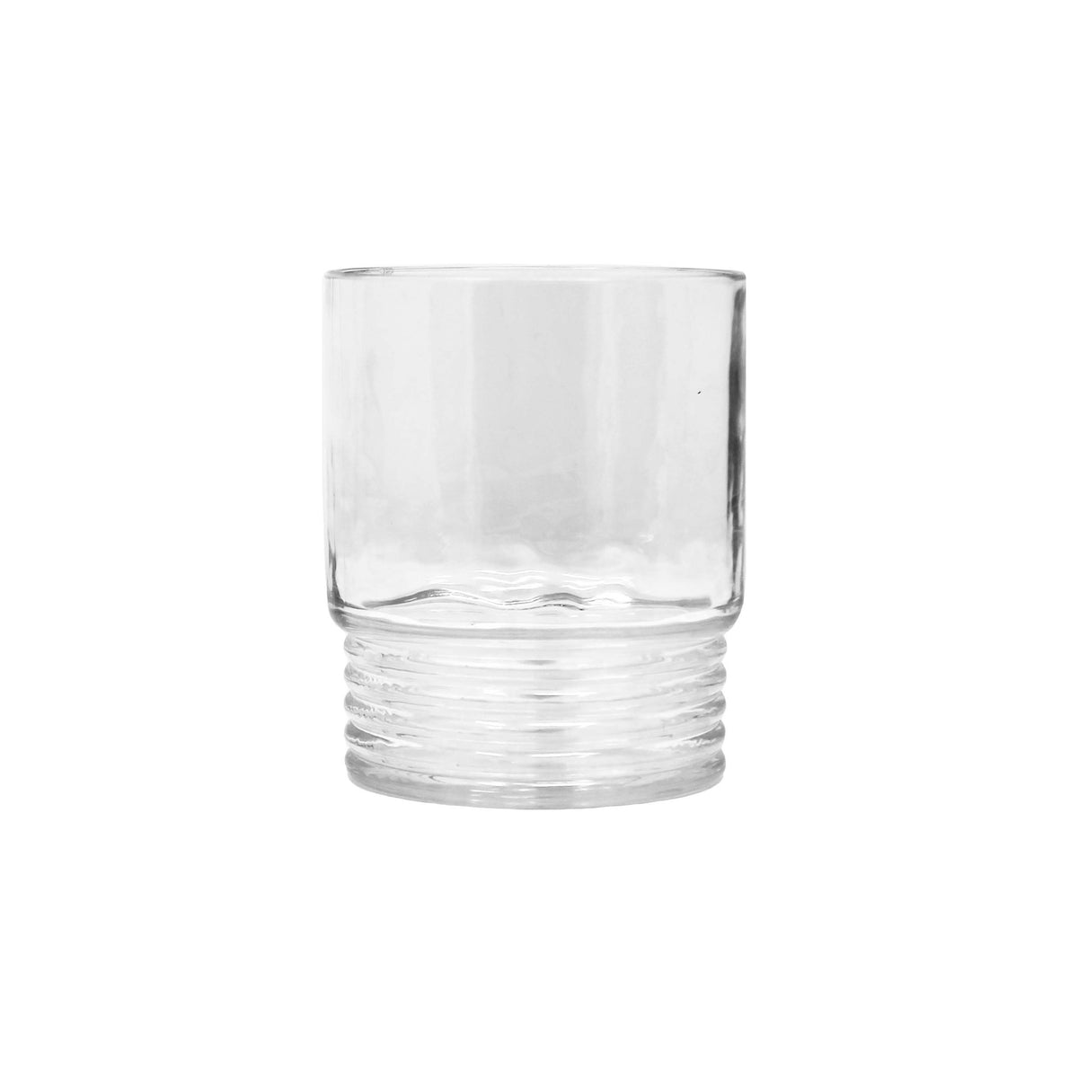 A clear, cylindrical Santorini Acrylic Drinkware tumbler by Le Cadeaux with a ribbed base sits on a white background, highlighting the elegance of BPA-free drinkware.